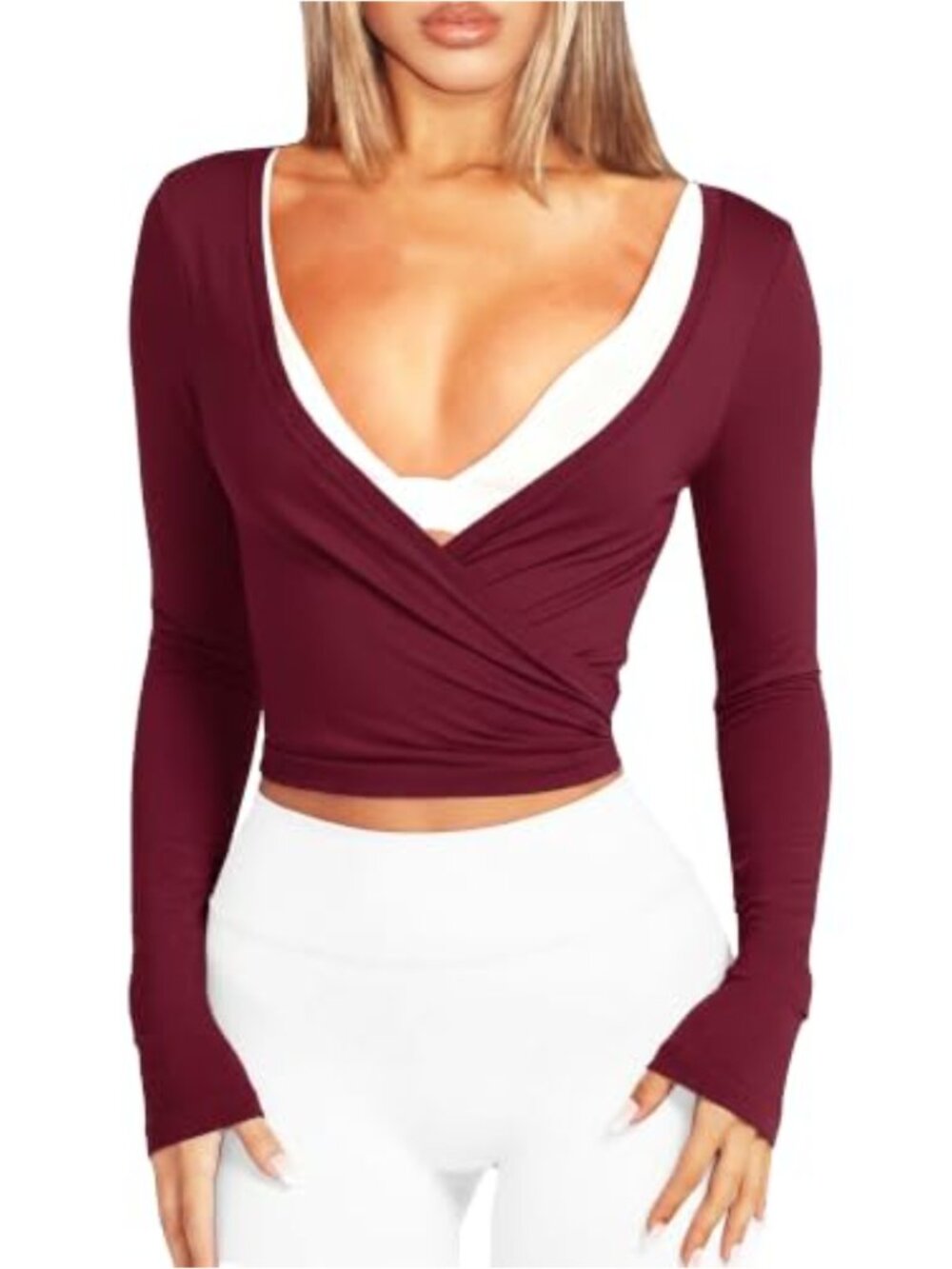 95% Cotton Spandex V-Neck Ballet Wrap Top Long Sleeve Crop Tee